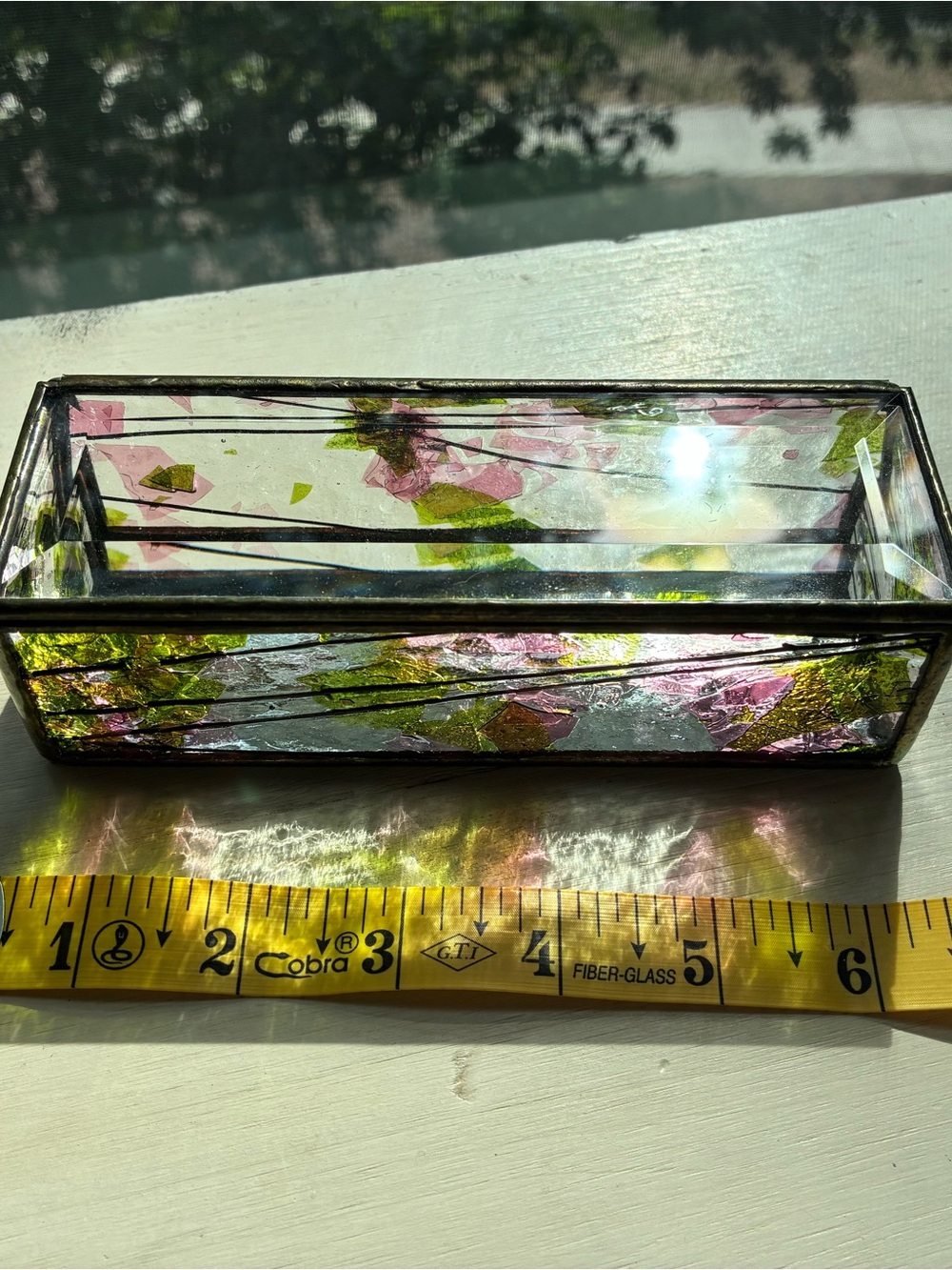 Rectangular Stained Glass Trinket Box with Pink & Green Leaf Accents